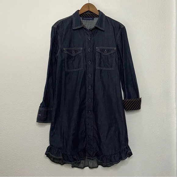 Tommy Hilfiger Denim Shirtdress Ruffle Hem NEW Size 8/10 Casual Chic Americana - Picture 15 of 16